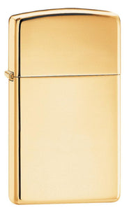 Front shot of Slim® High Polish Brass Finish Windproof Lighter standing at a 3/4 angle