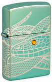 Front shot of Snake Design High Polish Green Windproof Lighter standing at a 3/4 angle.