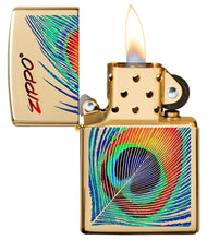 Peacock Feather Design Windproof Pocket Lighter with its lid open and lit.