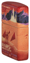 Mars 540 Color Design Windproof Lighter standing at an angle, showing the front and right side of the lighter.,