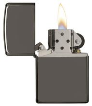 Black Ice?« Windproof Lighter with its lid open and lit