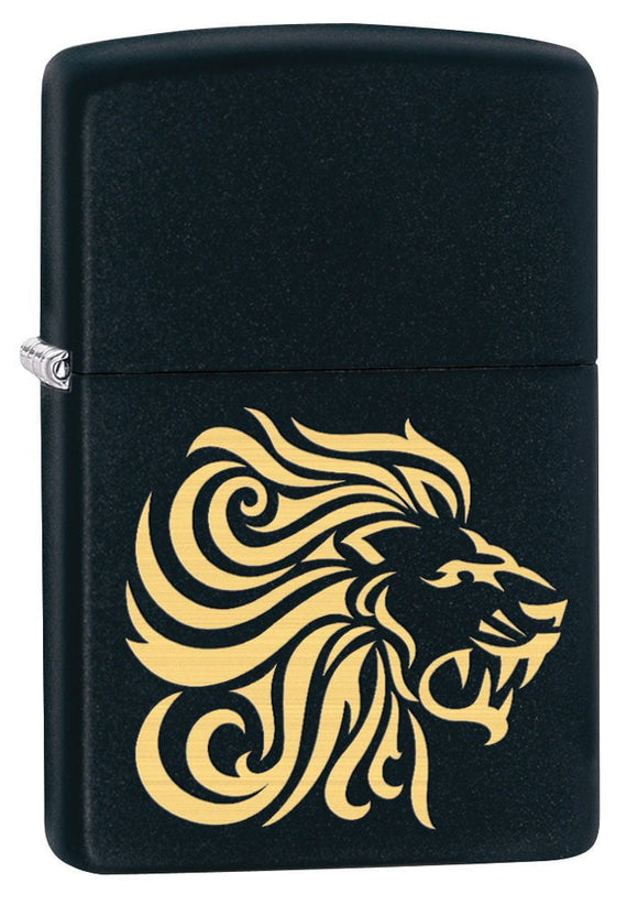 Front shot of Lion Head Design Black Matte Windproof Lighter standing at a 3/4 angle.