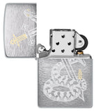 Snake Sword Tattoo Design Windproof Lighter with its lid open and unlit.