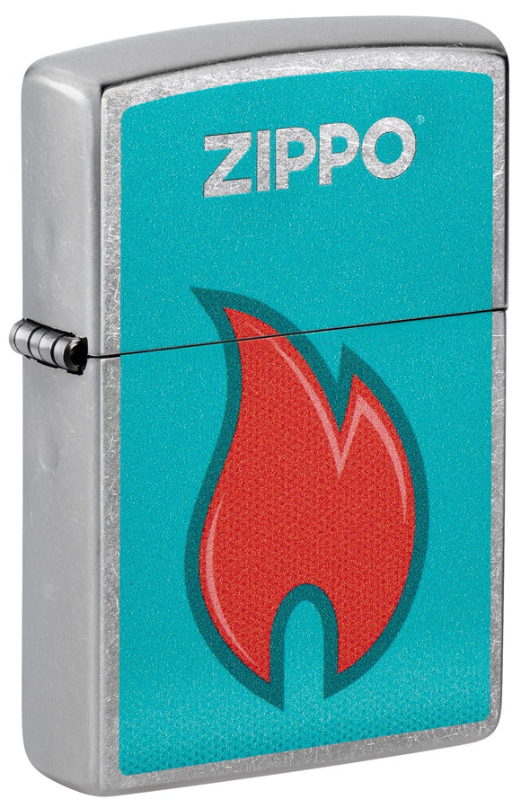Front shot of Zippo Flame Design Windproof Lighter standing at a 3/4 angle.