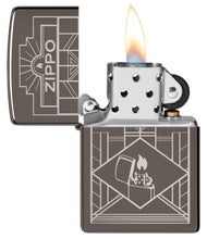 Zippo Art Deco Design Black Ice?« Windproof Lighter with its lid open and lit.