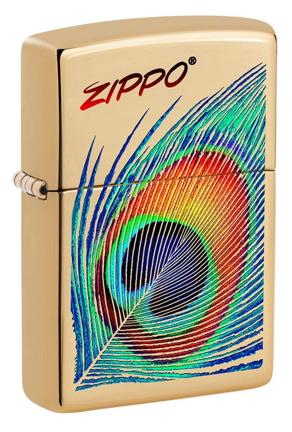 Front shot of Peacock Feather Design Windproof Pocket Lighter standing at a 3/4 angle.