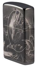 Angled shot of Lisa Parker Mythological Design Windproof Lighter showing the front and right side of the lighter