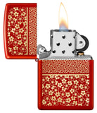 Zippo Kimono Inspired Design Windproof Lighter with its lid open and lit.
