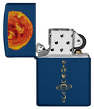 Solar System Design Navy Matte Windproof Lighter with its lid open and unlit.
