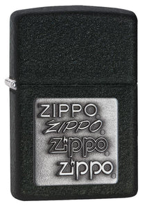 Front view of Black Crackle Silver Zippo Logo Emblem Windproof Lighter standing at a 3/4 angle