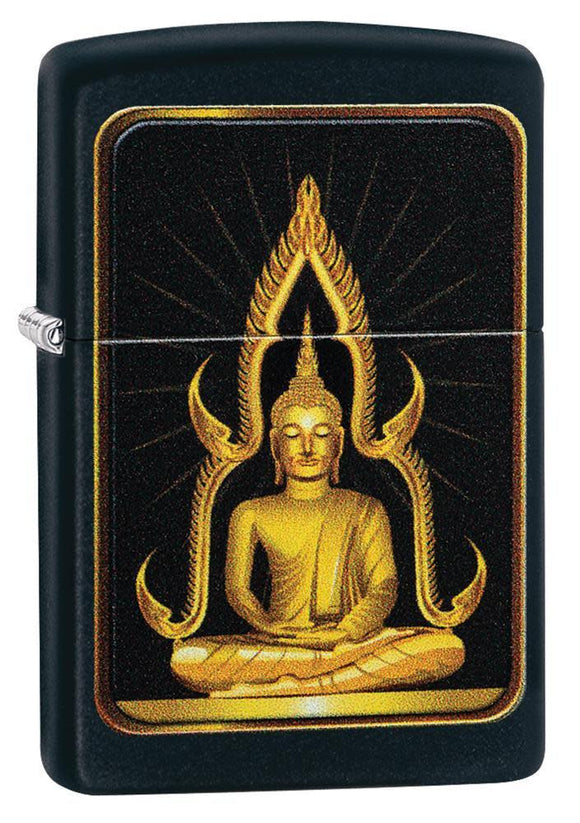 Front view of the Black Matte Buddha Lighter shot at a 3/4 angle 