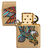 Tattoo Eagle Design Brushed Brass Windproof Lighter with its lid open and unlit.