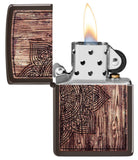 Wood Mandala Design Brown Matte Windproof Lighter with its lid open and lit