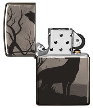 Wolves Design Photo Image 360?é?? Black Ice Windproof Lighter with its lid open and not lit