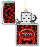 Zippo American Classic Windproof Lighter with its lid open and lit.