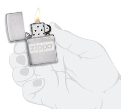 Brushed Chrome Zippo logo windproof lighter lit in hand