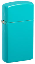 Front view of Slim?« Flat Turquoise Windproof Lighter standing at a 3/4 angle.