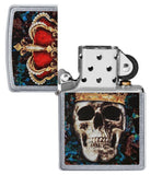 Skull King Design Street Chrome™ Windproof Lighter with its lid open and unlit.