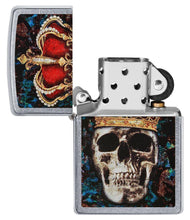 Skull King Design Street Chrome?äó Windproof Lighter with its lid open and unlit.