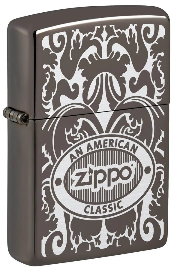 Front shot of Zippo American Classic Windproof Lighter standing at a 3/4 angle.