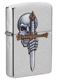 Front shot of Sword Skull Design Brushed Chrome Windproof Lighter standing at a 3/4 angle.