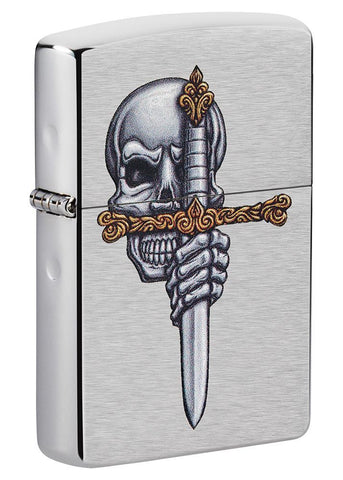 Front shot of Sword Skull Design Brushed Chrome Windproof Lighter standing at a 3/4 angle.