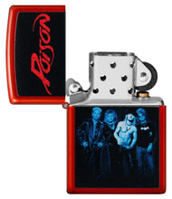 Poison Design Metallic Red Windproof Lighter with its lid open and unlit.