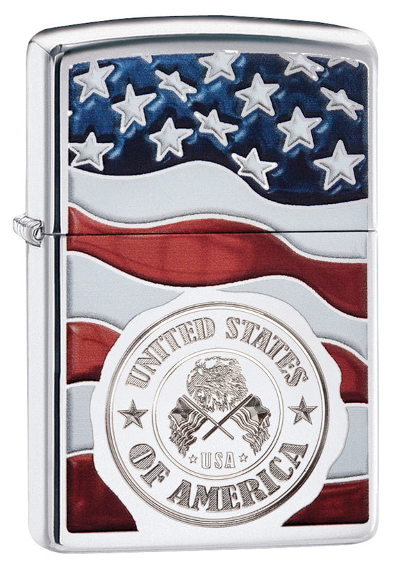 Zippo America Stamp on Flag High Polish Chrome Pocket Lighter