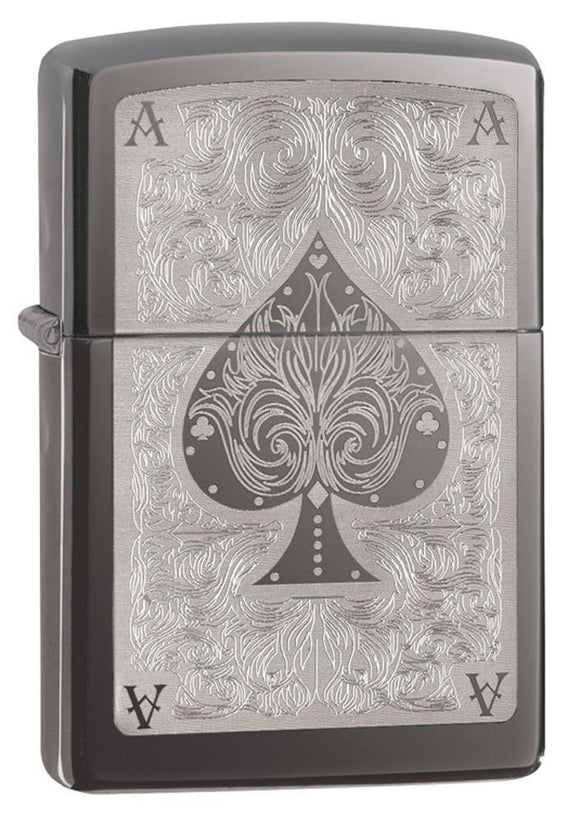 Black Ice Ace Filigree Engraved Windproof Lighter standing at a 3/4 angle