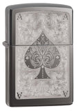 Black Ice Ace Filigree Engraved Windproof Lighter standing at a 3/4 angle