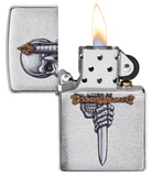 Sword Skull Design Brushed Chrome Windproof Lighter with its lid open and lit