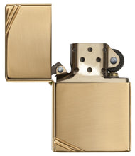 High Polish Brass Vintage with Slashes Windproof Lighter with its lid open and unlit