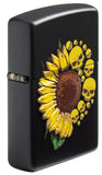 Sunflower Design Texture Print Black Matte Windproof Lighter standing at an angle, showing the texture print.