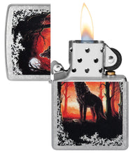 Zippo Wolf Moon Trees Windproof Lighter with its lid open and lit.