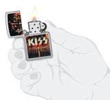 KISS Design End of the Road Tour Street Chrome™ Windproof Lighter lit in hand.