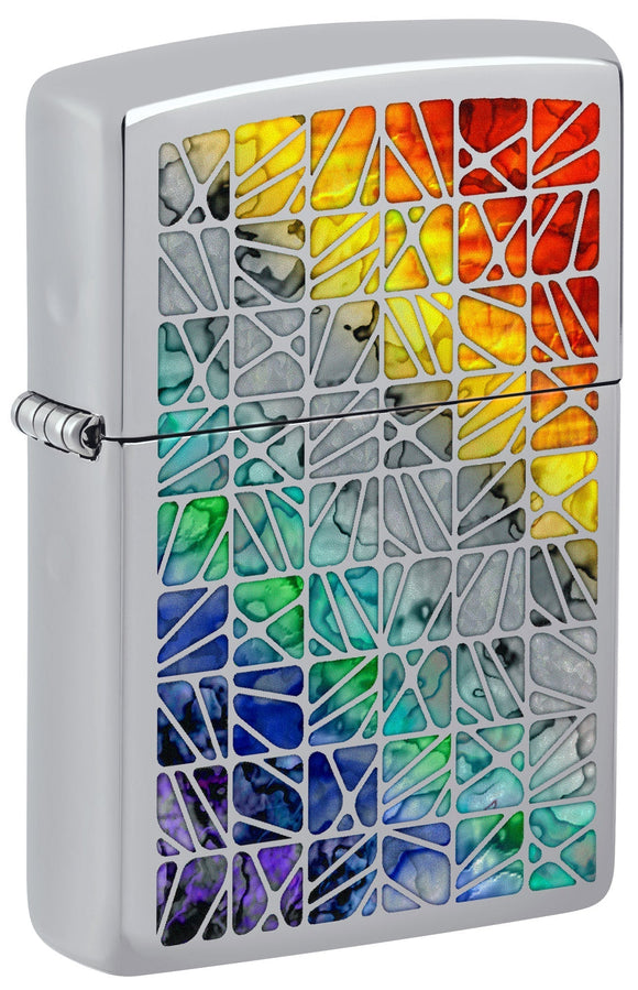 Front shot of Fusion Pattern Design High Polish Chrome Windproof Lighter standing at a 3/4 angle.