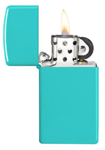 Slim?« Flat Turquoise Windproof Lighter with its lid open and lit.