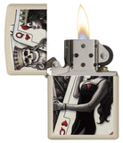 Skull King Queen Card with Queen of Hearts Cream Matte Windproof Lighter with its lid open and lit
