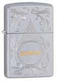 Front shot of Zippo Gold Script Satin Chrome Windproof Lighter standing at a 3/4 angle