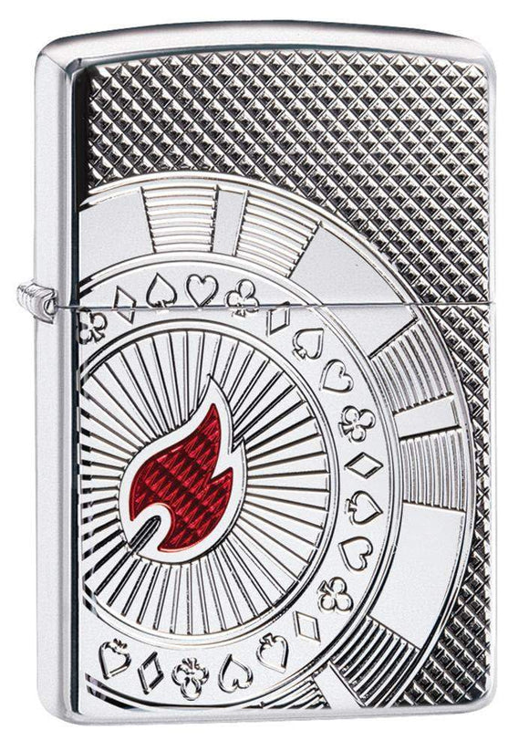 Armor® Poker Chip Design Windproof Lighter standing at a 3/4 angle