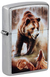 Front shot of Mazzi Grizzly Bear Street Chrome Windproof Lighter standing at a 3/4 angle.