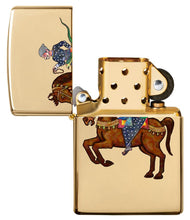 Indian Wedding Horse Design Windproof Pocket Lighter with its lid open and unlit.