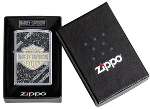 Harley-Davidson?« Bar & Shield Asphalt Street Chrome?äó Windproof Lighter in its packaging.