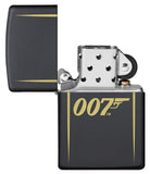 James Bond 007™ Laser Engraved Black Matte Windproof Lighter with its lid open and unlit.