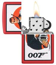 James Bond 007?äó Vintage Design Red Matte Windproof Lighter with its lid open and lit.