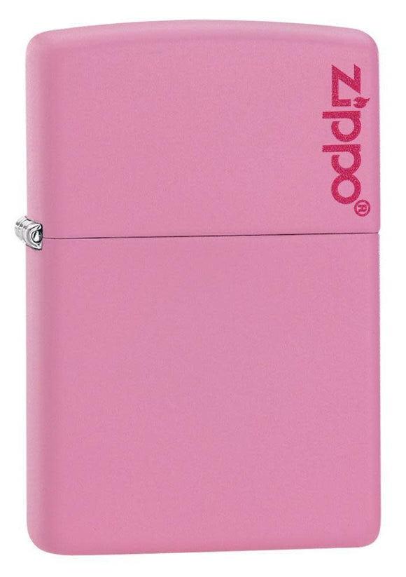 Front view Pink Matte Lighter with Zippo Logo Lighter shot at a 3/4 angle 