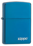 Front shot of Classic High Polish Blue Zippo Logo Windproof Lighter standing at a 3/4 angle
