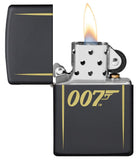 James Bond 007™ Laser Engraved Black Matte Windproof Lighter with its lid open and lit.
