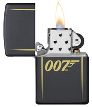 James Bond 007?äó Laser Engraved Black Matte Windproof Lighter with its lid open and lit.