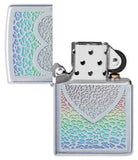 Heart Design Satin Chrome Windproof Lighter with its lid open and unlit.